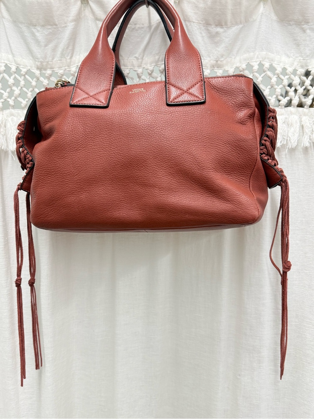 Vince Camuto Terracotta Pebbled Leather Satchel Whipstitch Fringe Tassel Sides